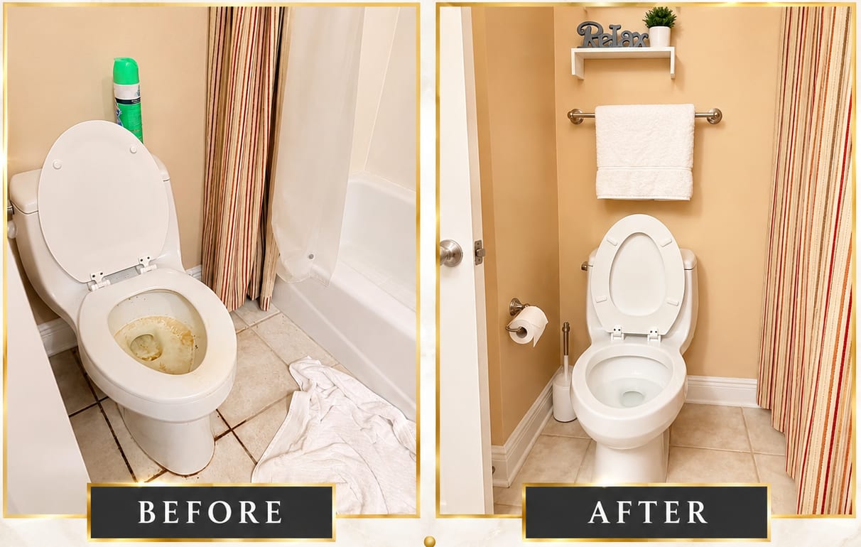 Before and after: a stained toilet and towel-strewn bathroom floor, scrubbed and reset by Queen Clean Services